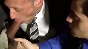 Bald bearded trestle sucking a handful of cocks just about an orgy