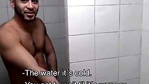 Two hot dabbler young latino jocks paid cash by immigrant wide enjoyment from down gym shower