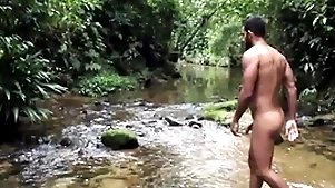 Nude trek in front forest